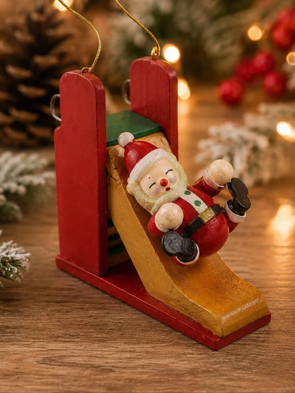 Santa on Playground Slide Wooden Christmas Ornament Whimsical Holiday Decor